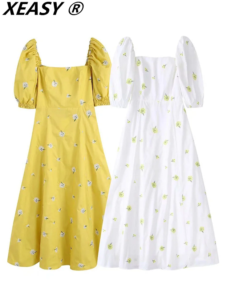 

XEASY Summer Dresses For Women 2022 Casual Midi Dress Female Puff Sleeve Dress Vintage Women Clothing Embroidery