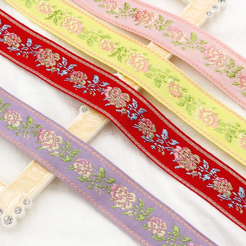 

5Yards 1inch 25mm 1Inch Floral Popular Lovely Pink Purple Flower Shiny Webbing Jacquard Embroidered Ribbon