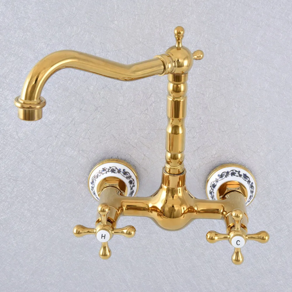 

Polished Gold Color Brass Bathroom Kitchen Sink Basin Faucet Mixer Tap Swivel Spout Wall Mounted Dual Cross Handles msf620