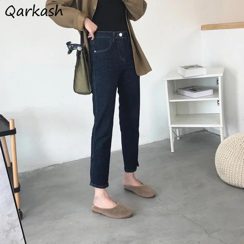 

Ankle Length Jeans Women Side Slit Design Vintage Slim High Waist Plus Size M-4XL Leisure Fashion Basic Bottom Classic Femme Ins