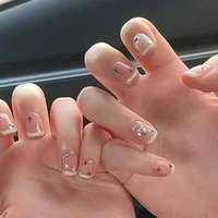 24pcs false nails french side shiny broken diamond red star simple fake nail tips full cover acrylic for girls fingernails
