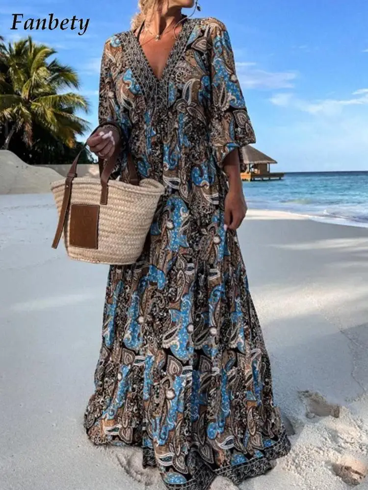 

Women Elegant Pattern Print Party Dress Summer Fashion V-Neck Beach Maxi Dress Ladies Spring Casual 3/4 Sleeve Dresses Vestido