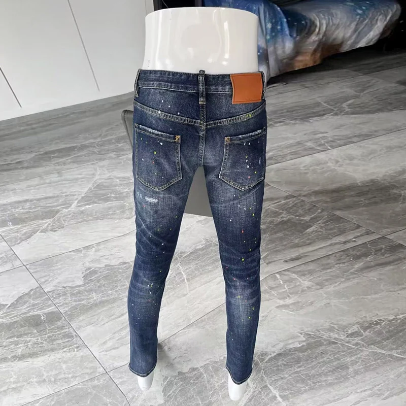 Street Fashion Men Jeans High Quality Retro Blue Elastic Stretch Skinny Ripped Jeans Men Painted Designer Hip Hop Brand Pants