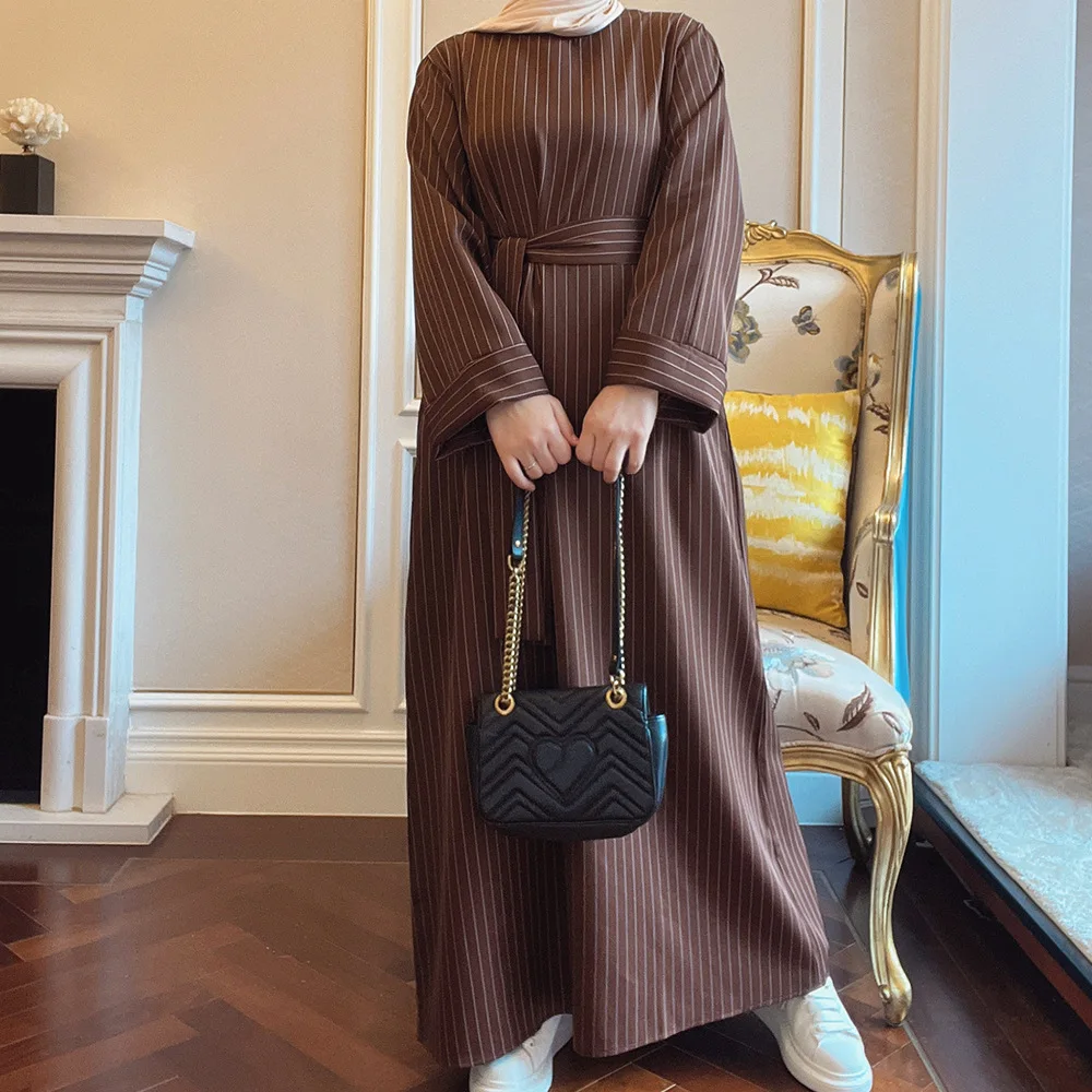 Dubai Abayas Türkiye Middle East Stripe Tunic Muslim Maxi Dresses for Women Vestidos Largos Moroccan Kaftan