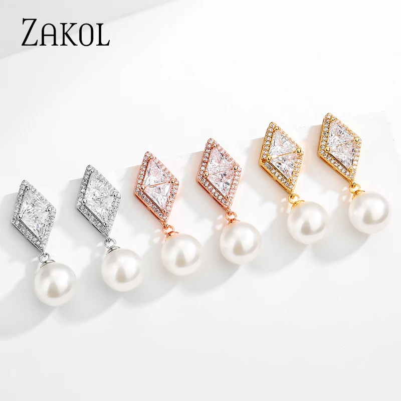 ZAKOL Роскошные блестящие ромбовидные серьги-капли с фианитом для женщин