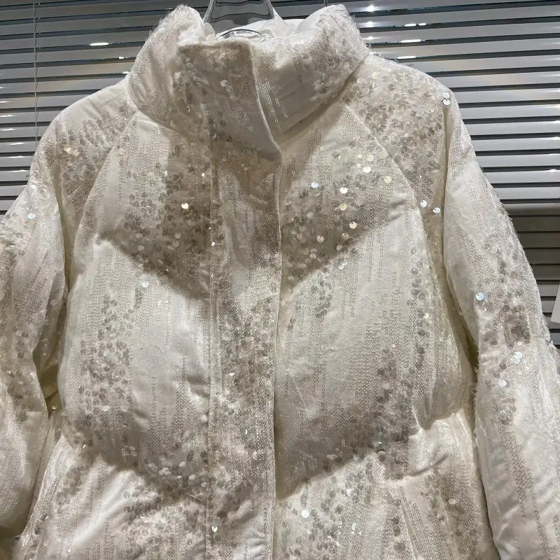 Fashion Sequins Warm-Keeping Cotton Coat for Ladies 2022 Winter New Versatile Stand Collar Long Sleeve Loose Jacket Women's