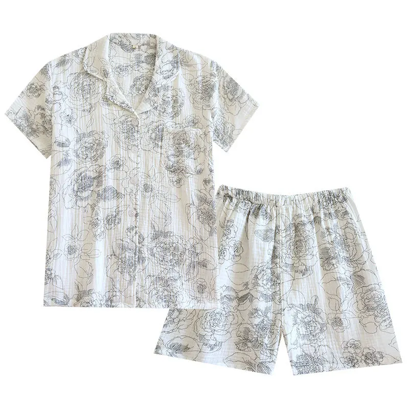 

Summer Couple Short Sleeve Crepe Pajamas Men and Women Casual Homewear Set Sketch Roses Cotton Loungewear 2 Piece Pijama Mujer