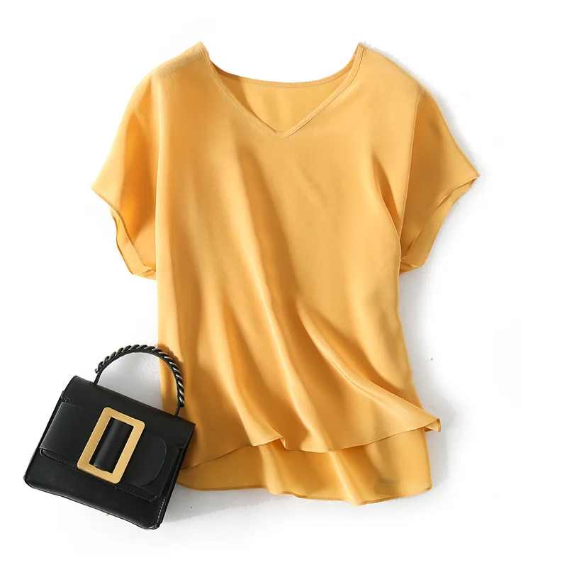 

Yellow Silk T-shirt Women's Loose Mulberry Silk Temperament V-neck Korean Version All-match Top Foreign Style Shirt Summer