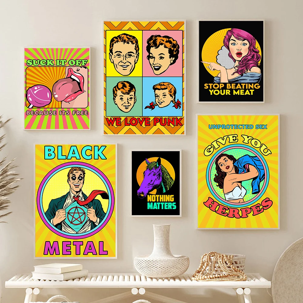 

Black Metal Punk Poster Print Funny Girls and Man Canvas Painting Modern Vintage Movie Characters Wall Art Pictures Room Decor