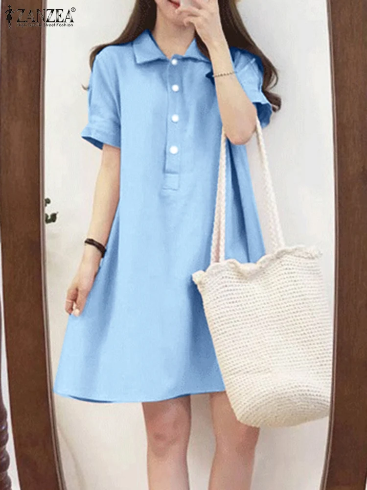 

ZANZEA Korean Women Lapel Neck Short Sleeve Sundress Summer Shirt Dress Casual Solid A-line Vestidos Robe Femme Holiday Dresses