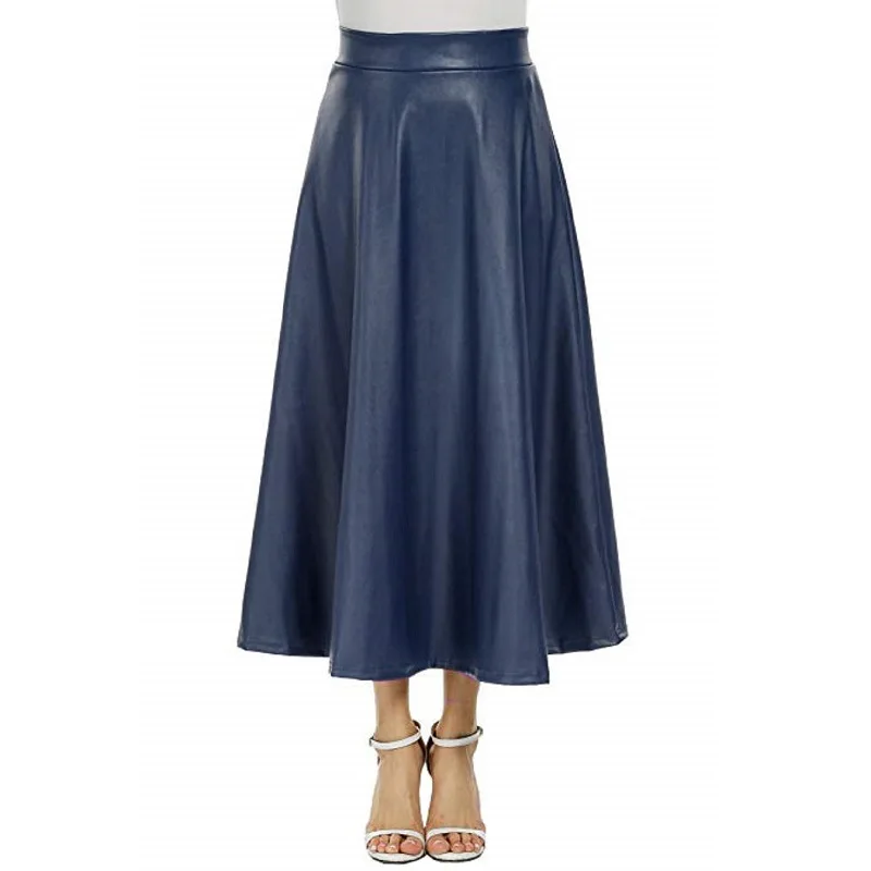 

korean fashion long skirt Pu faux leather skirt Black khaki/navy blue/burgundy women swing back zipper high waist A-line skirt