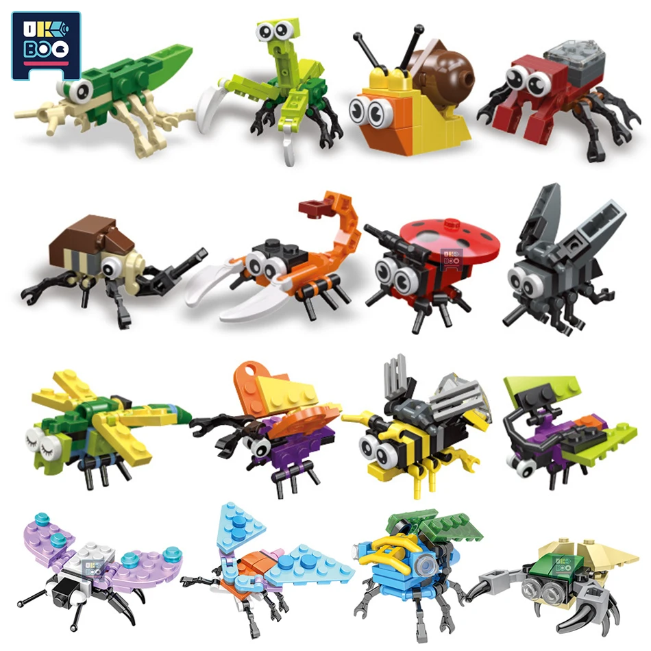 

UKBOO DIY Insect Kingdom Story Mini Model Dragonfly Butterfly Bee Building Blocks MOC Bricks Educational Toys For Children Gifts