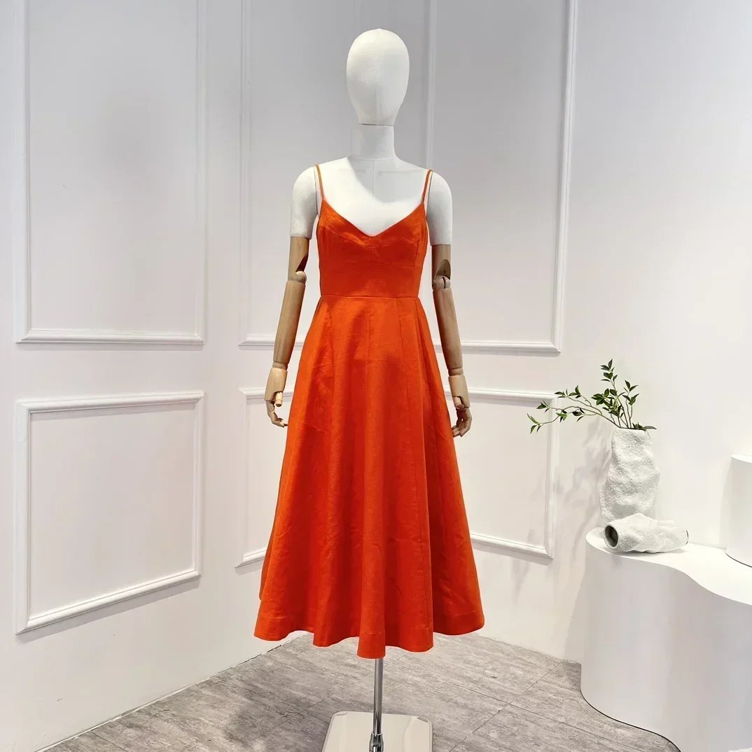 

Red 2023 New High Quality Linen Summer Solid Party Sleeveless V-neck Camisole Woman Midi Dress
