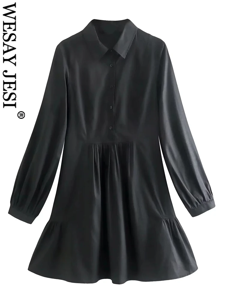 

WESAY JESI Fashion Solid Color Black Shirt Dress Female Commuter Lapel Button Chic Simple Slim Ruffle Short Dress Daily Women