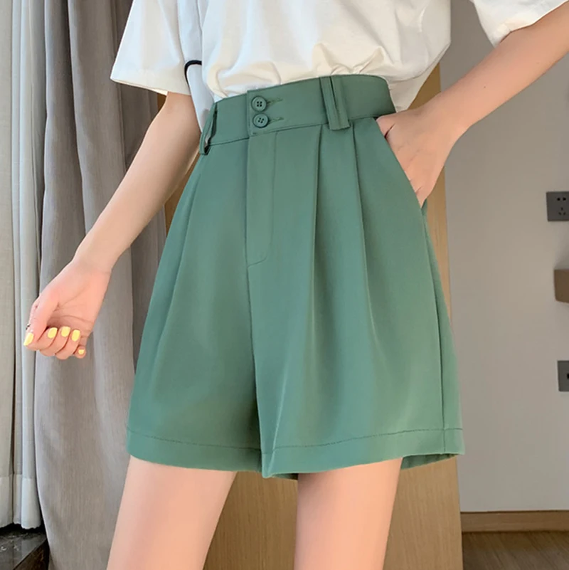 Green Shorts Women 2023 Summer Korean Fashion High Waist Wide Leg Loose Straight Office Ladies Suit Shorts Femme Ropa De Mujer