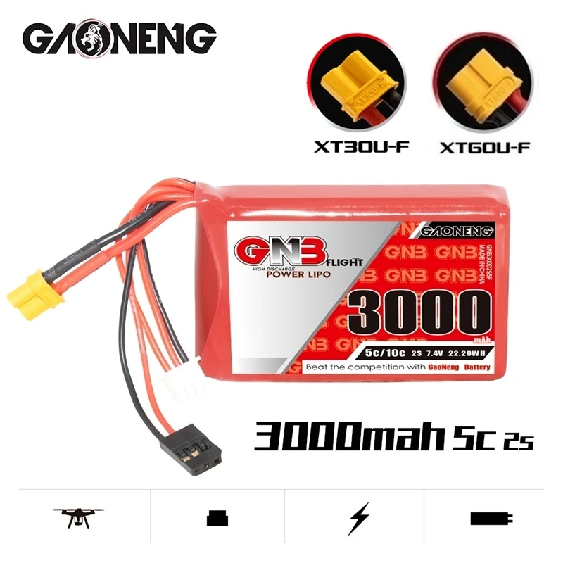 

1-3PCS GNB 2S 7.4V 3000mAh 5C/10C Lipo Battery For Futaba T16IZ Transmitter Remote Control RX RC Parts With XT30 XT60 Plug