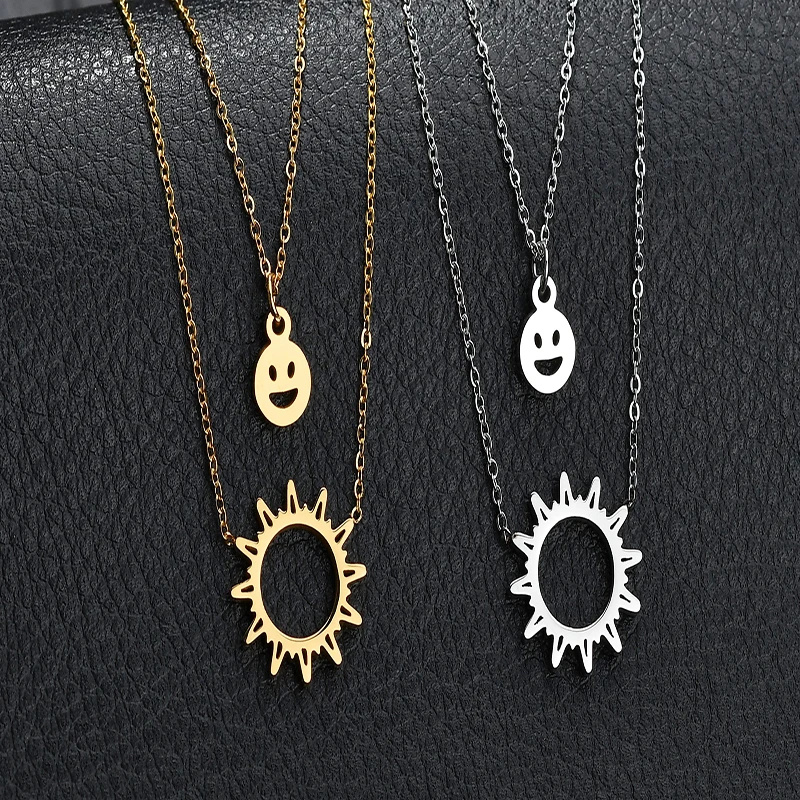 

Trendy Double Layer Necklace Hollow Smiley Face& Sun Flower Pendant Chain Necklace Stainless Steel Jewelry Gift