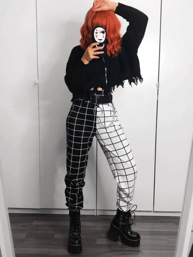 

Vintage Contrast Cargo Pant For Women Loose Hight Waist Plaid Jogging Trousers Sporty Pants Elasticity Sportpants 2022 Summer