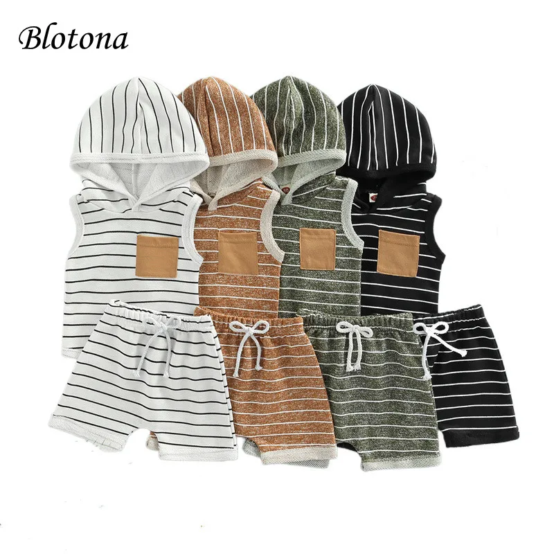 

Blotona Baby Boys Suit, Sleeveless Hooded Striped Print Pullover Vest Tops + Summer Casual Drawstring Short Pants, 0-3Years