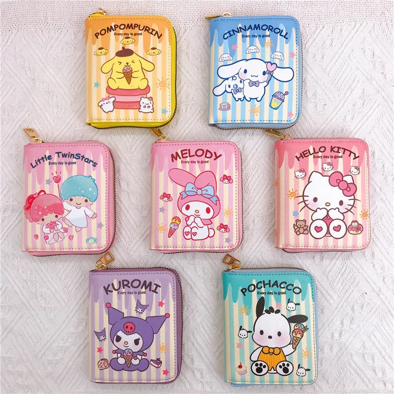 

Kawaii Sanrio Wallets Cinnamoroll My Melody Hello Kitty Kuromi Dompet Pu Kasual Pendek Lucu Tempat Kartu Ritsleting Dompet Koin