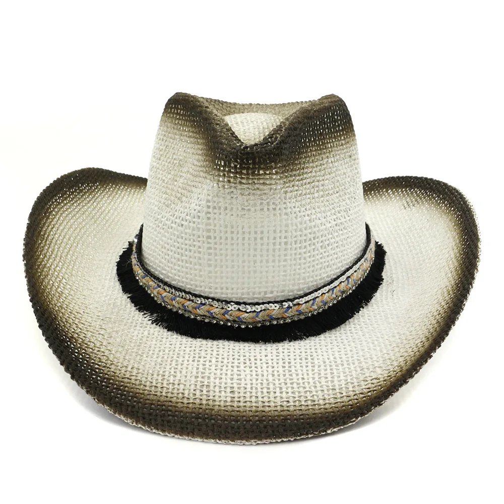 

Bohemian Straw Cowboy Hat with Handmake Sequin Rope Braided Hatband Western Cowgirl Beach Hat For Dad Wide Curling Brim Sun Cap