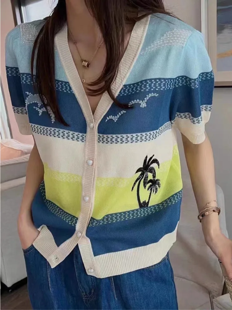 

Summer New Korean Fashion Ocean Blue Contrast V-Neck Cardigan Top Women's Short Sleeve Knitted Sweater Versatile Ladies Clothing