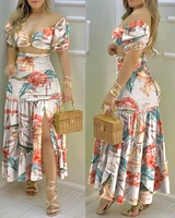 floral print o neck crop top shirr slit high waist women maxi skirt sets fashion holiday casual suit 2022 summer new