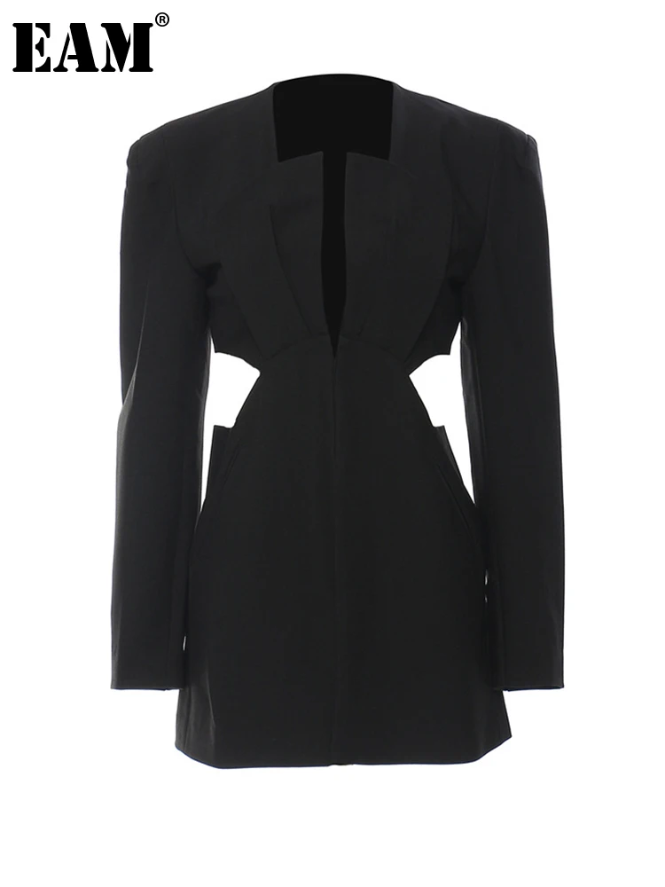 

[EAM] Women Black Hollow Out Elegant Blazer New V-neck Long Sleeve Loose Fit Jacket Fashion Tide Spring Autumn 2023 1DE9889
