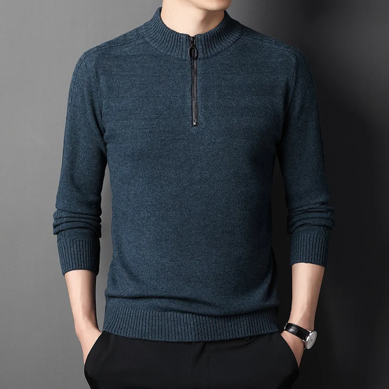 sweater Men's sweater Chun Zhu cashmere pure double thick sweater zipper semi-high collar knit bottoming shirt