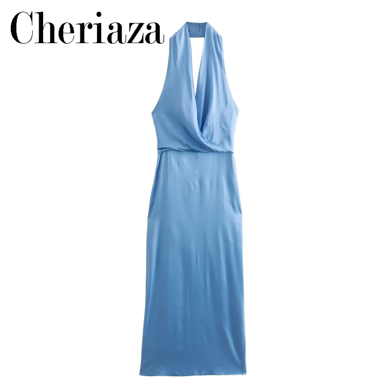 

2022 модное летнее женское платье с лямкой на шее, синее облегающее платье с V-образным вырезом и открытой спиной, Женская Клубная одежда, одно...