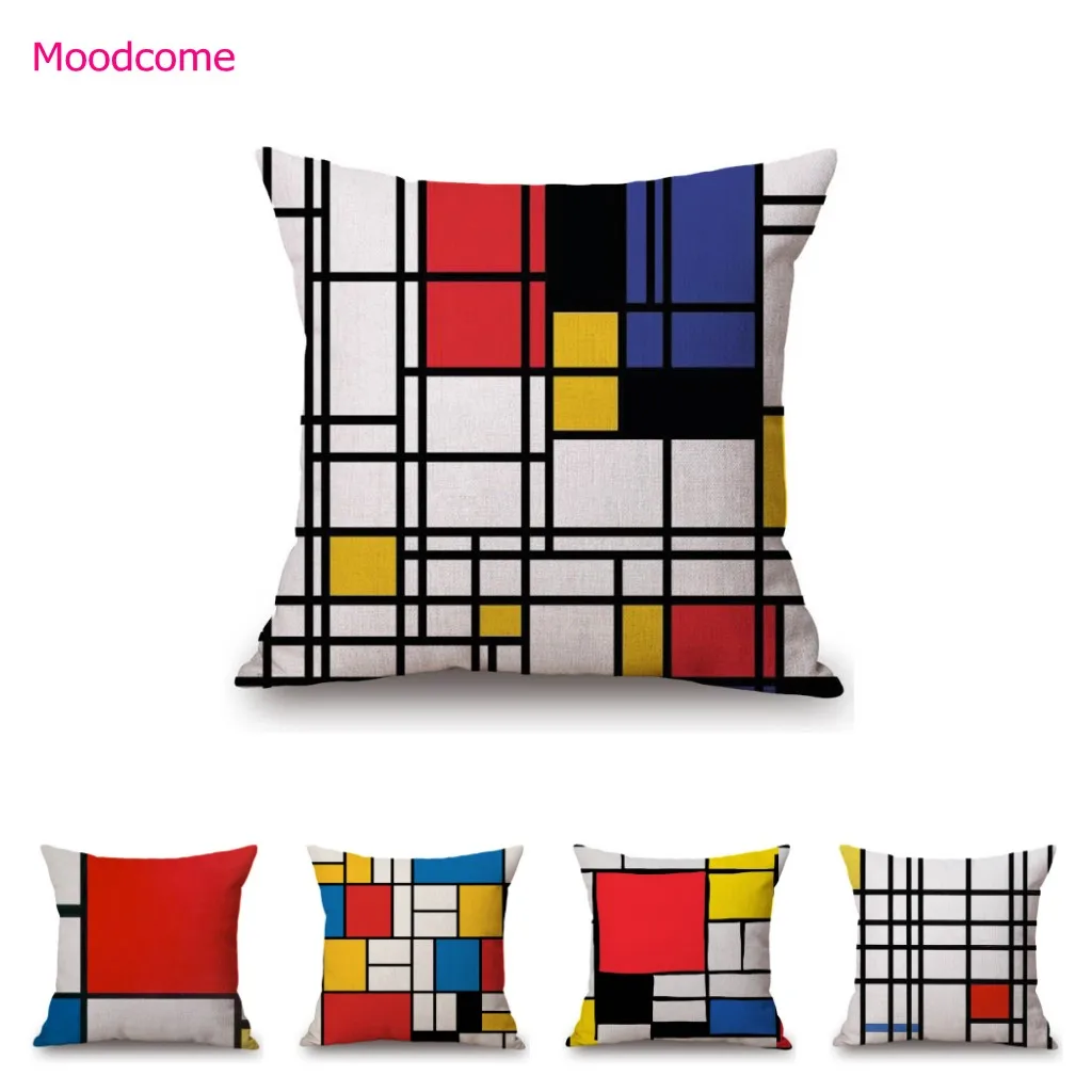 Современное Абстрактное Искусство Геометрические линии красный синий желтый Пиет Mondrian масляная живопись домашняя декоративная подушка искусственная льняная наволочка