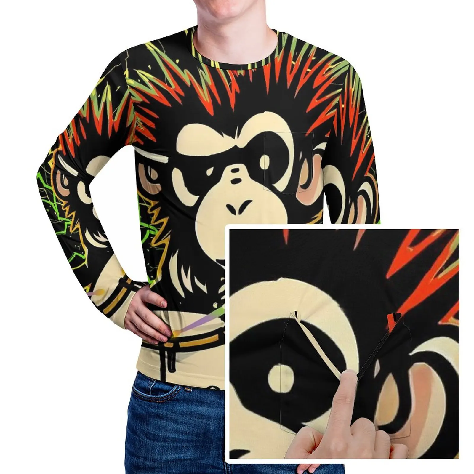 

Drummer Monkey T Shirt Fun Animal Print Mens Trendy T Shirts With Pocket Autumn Graphic Tee Shirt Long Sleeve Fun Plus Size Gift