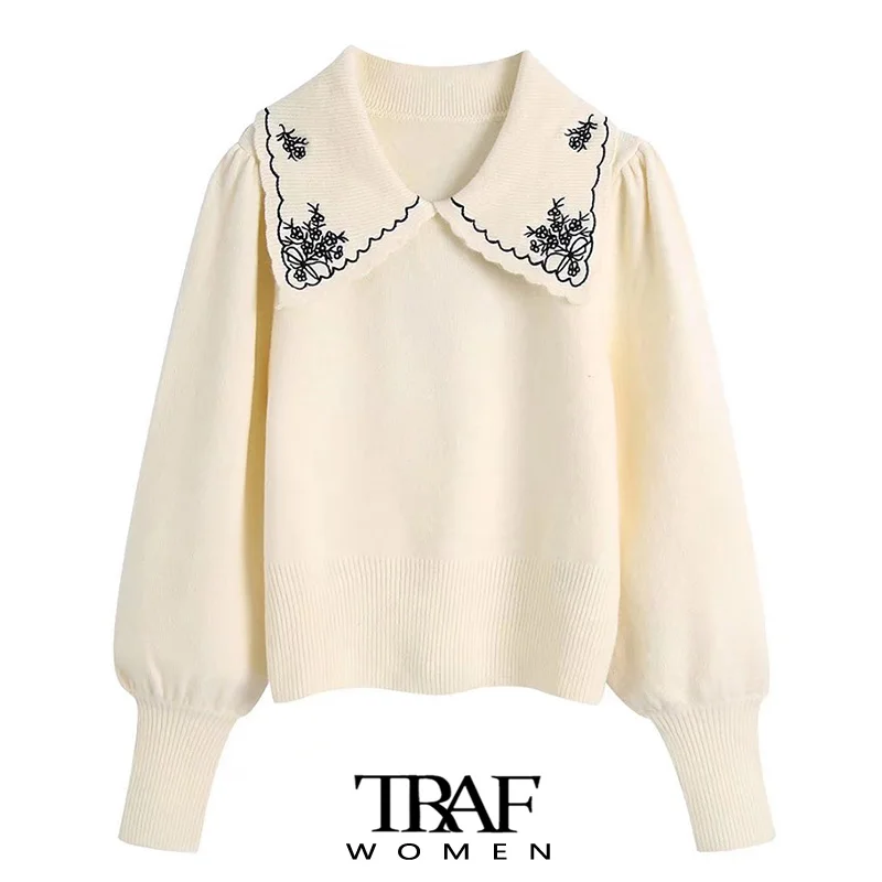 

TRAF Women Fashion With Embroidery Knit Sweater Vintage Wide Lapel Collar Long Sleeve Female Pullovers Chic Tops