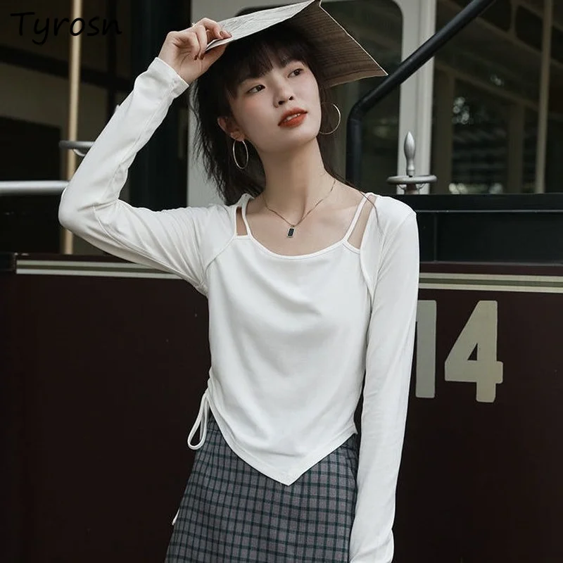 

Spring Long-sleeve T-shirts Women 3 Colors Bandage Crop Elegant Design Sexy All-match Pure Personality Slim Basic Ulzzang Ladies