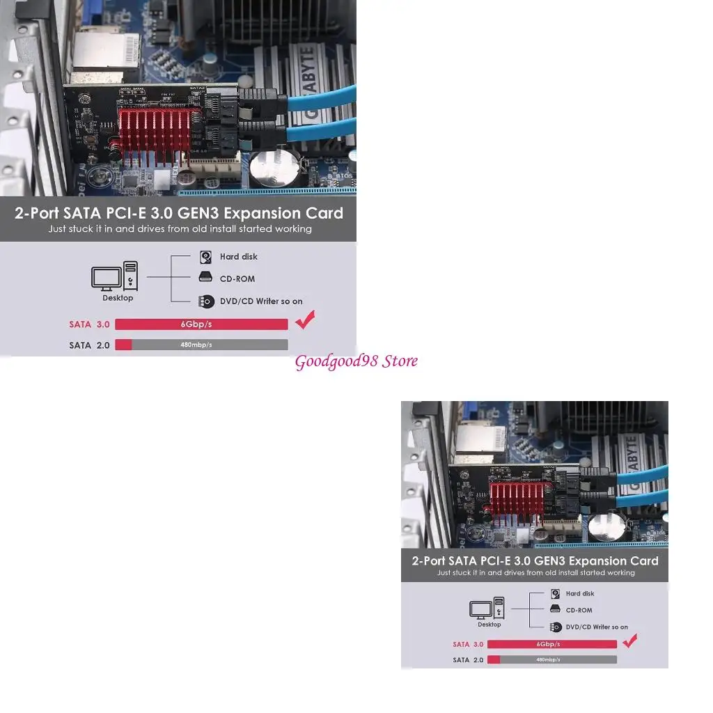 Фото 2-портовая карта расширения PCI-E GEN3, 6 Гбит/с, двойной адаптер sata3.0 Fast PCIE, чип JMICRON + чип JMB582, полная №1