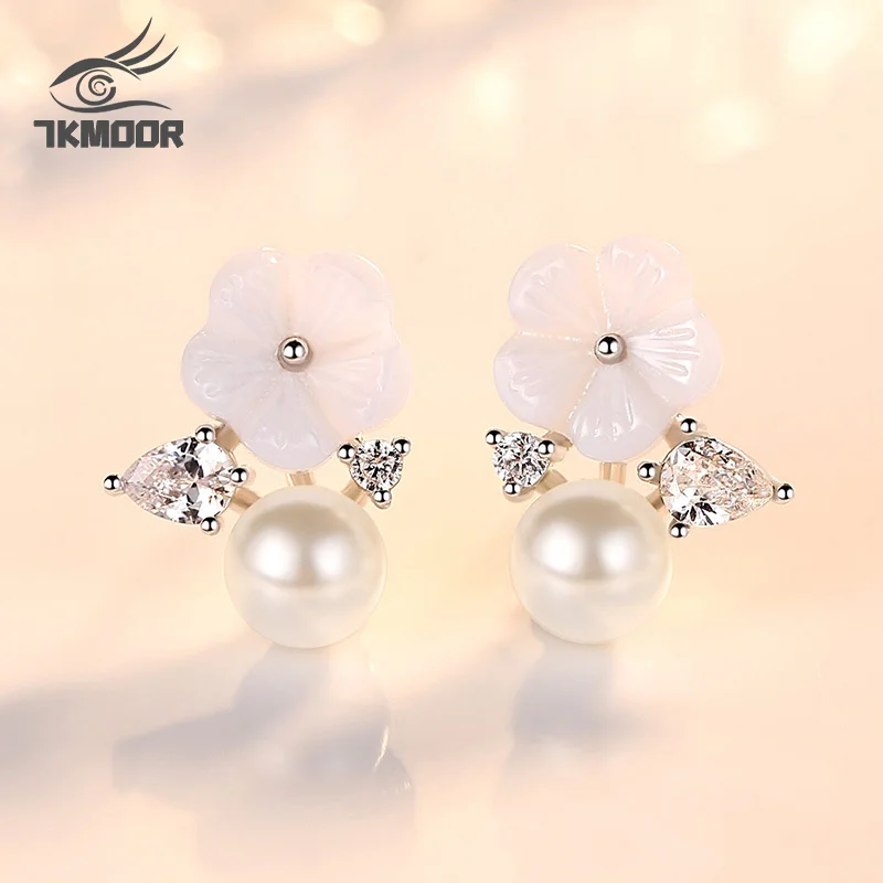 

Silver color new woman Stud Earrings High Quality Retro Simple Cubic Zirconia Flower Freshwater Pearl Jewellery
