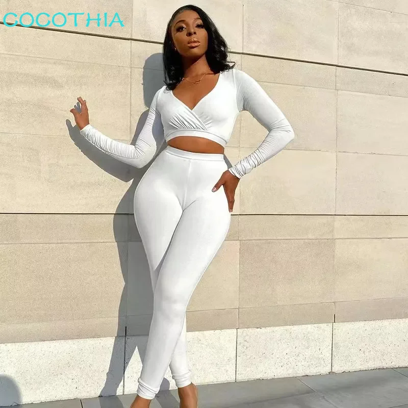 

COCOTHIA Sexy Split V Neck Skinny T-Shirt Crop Top High Waist Pants Bodysuit Two Piece Set Urban Leisure Winter Streetwear