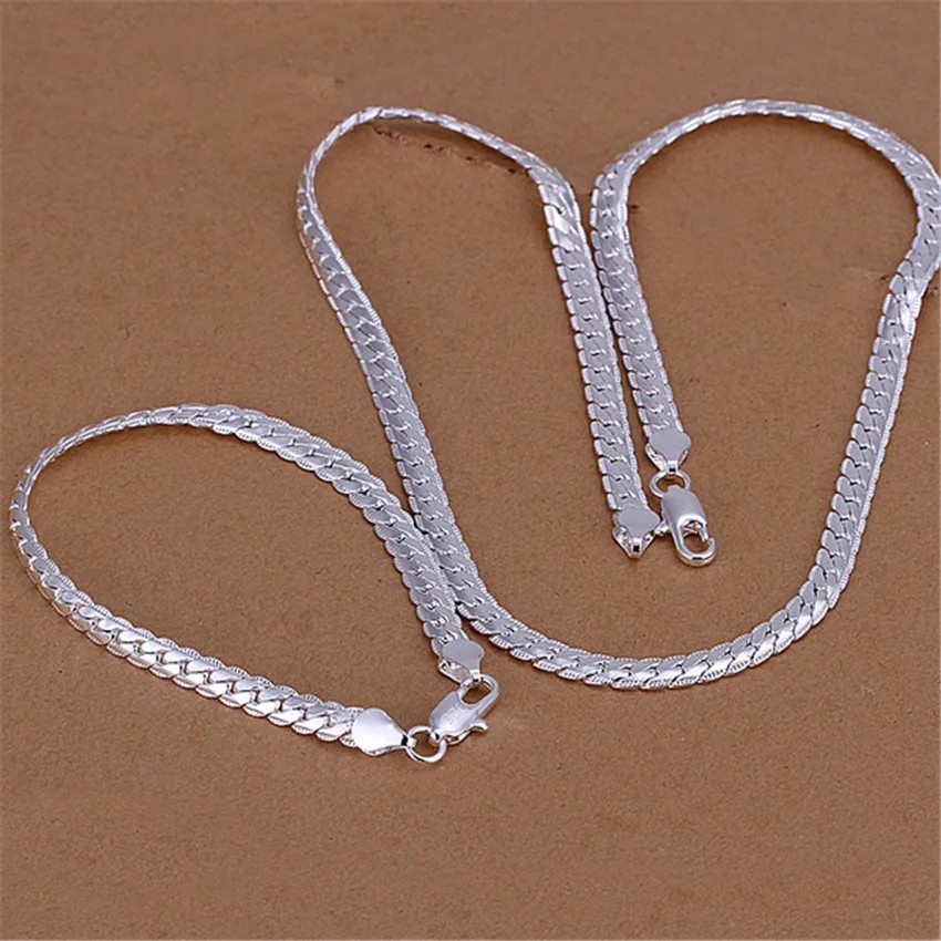 

Silver Bracelets necklace Jewelry set for men Women classic fine 5MM Flat Chain 18/20/22/24 inch Fashion Party Gift 925