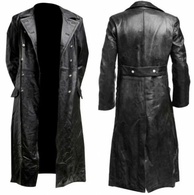 MEN'S GERMAN CLASSIC WW2 MILITARY UNIFORM OFFICER BLACK REAL LEATHER TRENCH COAT men jacket