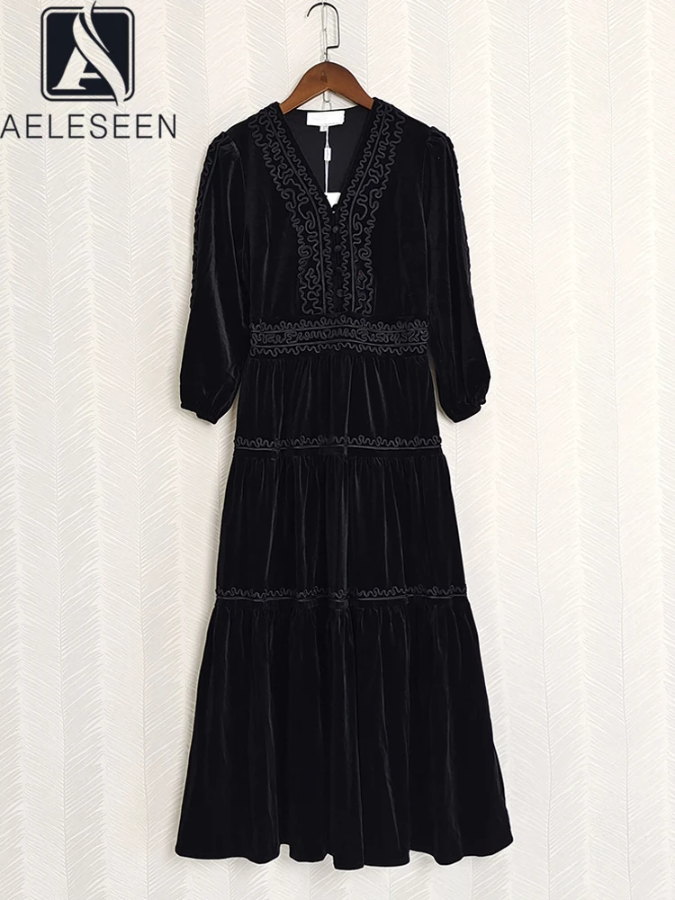 

AELESEEN Vintage Autumn Winter Dress 2022 Women Fashion Black Lantern Sleeve Velvet V-Neck Ruffles Warm Long Party Vacation