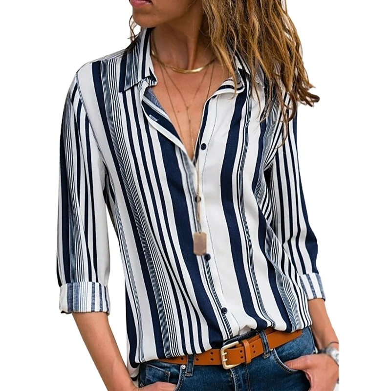 

KOERIM New Chiffon Striped Women Shirts Long Sleeve Lady Button Long Sleeve Blouses Breathable Casual Commute Lady Tops