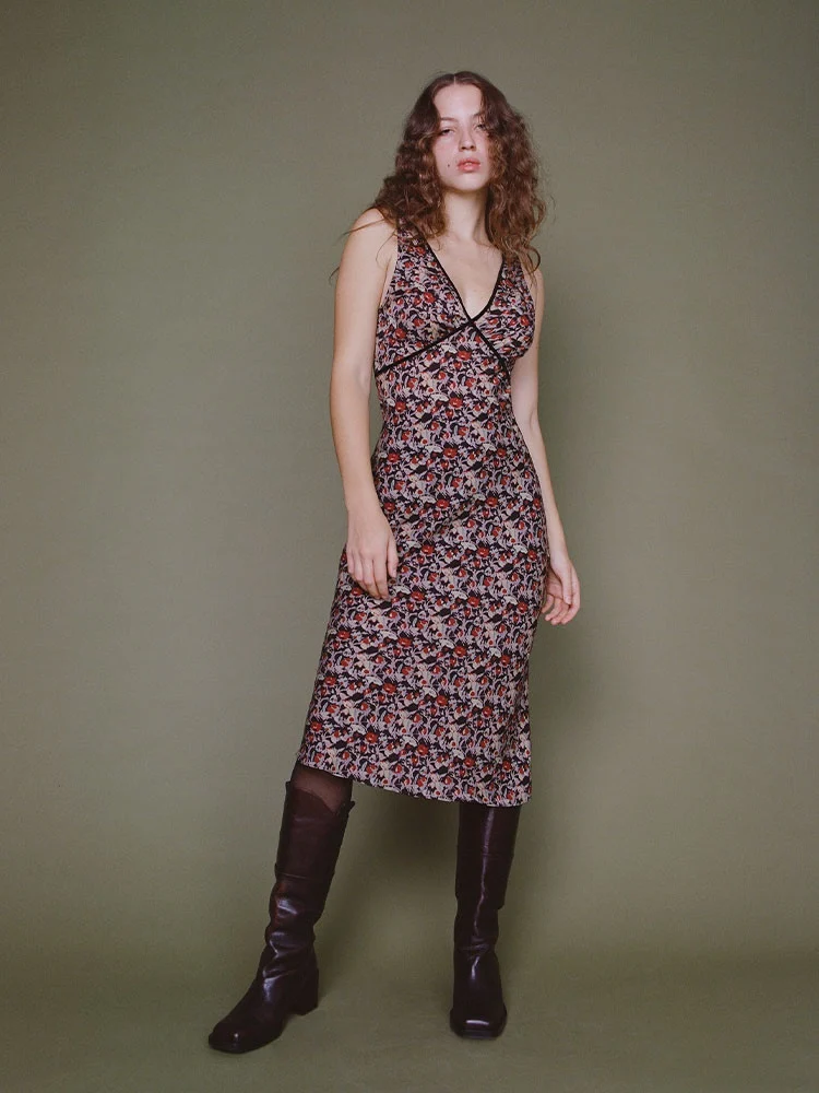 Women Mid Calf Dress Printed V-Neck Sleeveless Slim Tank Robe 100% Silk Vintage