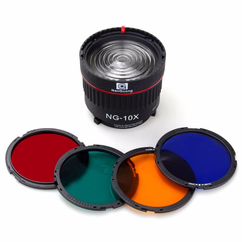 

Nanguang NG-10X Studio Light Focus Lens Bowen Mount For Flash & Led Light With 4 Color Filter