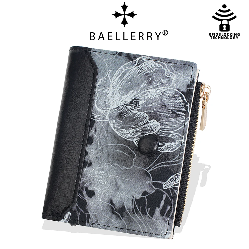 Фото Автоматический выдвижной кошелек-визитница Baellerry из искусственной кожи с цветочным принтом, женский органайзер на 12 карт с RFID-защитой, тонкий кошелек для повседневного использования №1