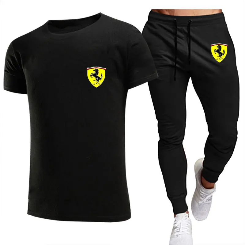 Men's Sets Brand Printed cotton sports casual shirt+trousers men's summer round neck men's casual street fashion loose T-shirt