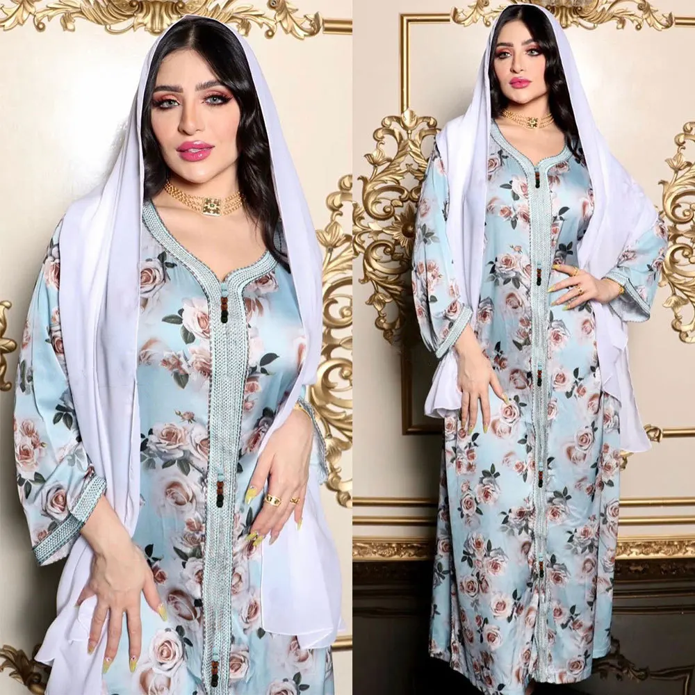 New Spring Floral Print Muslim Abaya Dress Women 2022 Dubai Arab Turkey Morocco Kaftan Islamic Clothing India Gown Robe Vestido