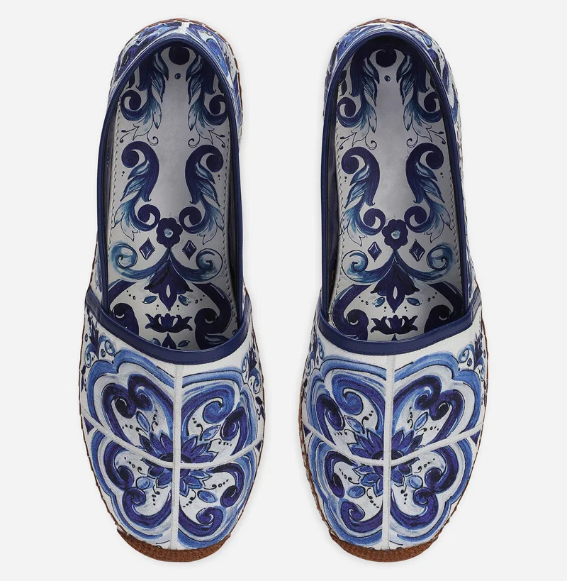 Newest Blue and White Porcelain Cloth Fishman Flats Shoes Rope Braided Thick Sole Woman Comfortable Slip On Loafer Shoes