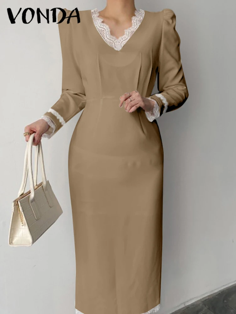 

VONDA Autumn Long Sleeve Elegant Dress 2022 Women Lace Patchwork V neck Midi Party Formal Office Dresses Casual Solid Vestidos