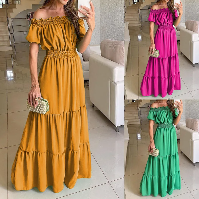 

TSACTE 2023 Summer Women's Off Shoulder Maxi Dress Swiss Dots Short Sleeve High Waist Tiered Long Dresses Elegant Dress