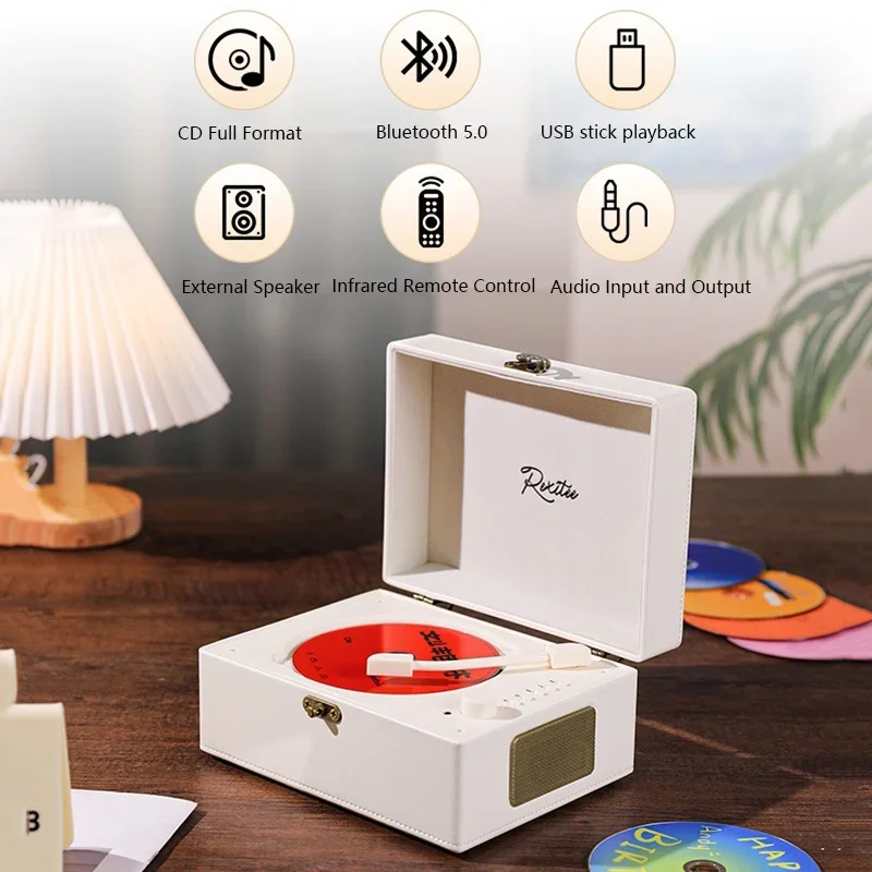 Фото Винтажный кожаный CD-проигрыватель, двухсторонний Bluetooth 5.0 Built-in динамик, портативный Перезаряжаемый музыкальный проигрыватель CD, USB-проигрыватель без потерь №3